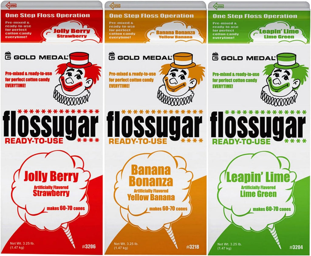 Cotton Candy Floss sugar Mix Flavors | Pack Of 3 | Strawberry, Banana, and Lime Green Flavors | 1/2 Gallon Cartons
