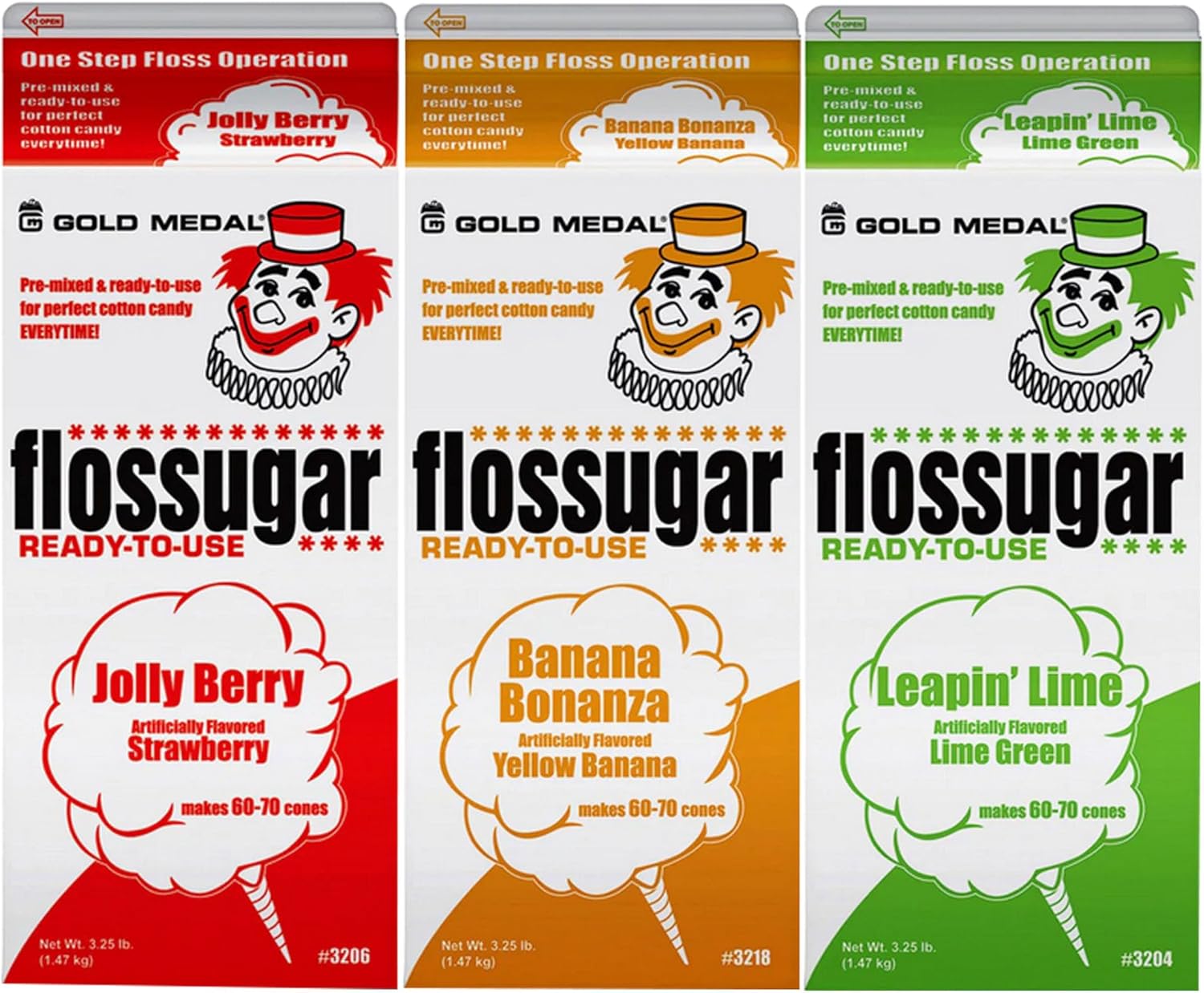 Cotton Candy Floss sugar Mix Flavors | Pack Of 3 | Strawberry, Banana, and Lime Green Flavors | 1/2 Gallon Cartons