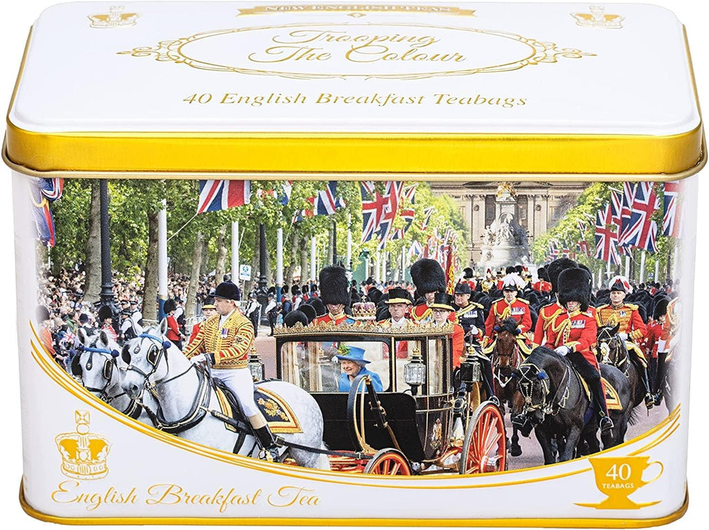New English Teas Trooping The Colour Tea Tin with 40 English Breakfast Teabags, Queen Elizabeth II