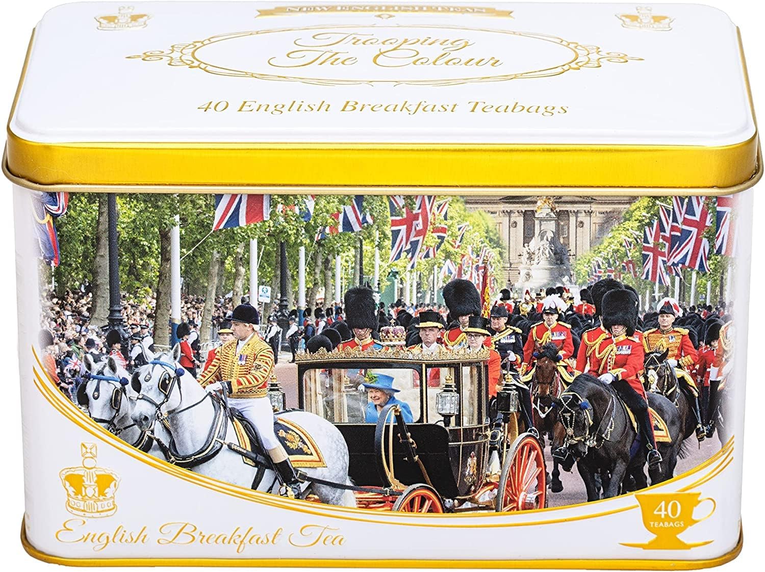New English Teas Trooping The Colour Tea Tin with 40 English Breakfast Teabags, Queen Elizabeth II