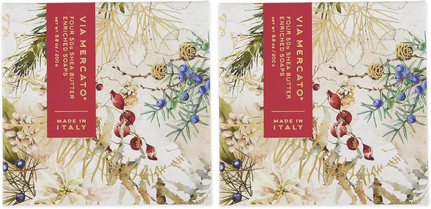 Via Mercato Gift Italian Soap Bar Set 4 x 50g, Individually Wrapped Gift Soaps, Natale Collection (Pack of 2)