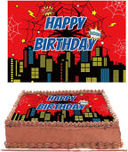Edible Square Image Cake Toppers, 28x19.4cm/11x7.6in Spider Happy Birthday Cake Decoration Red Cartoon City Edible Wafer Paper Spider Web Cakes Decor for Kids Boys Girls Birthday Theme Party