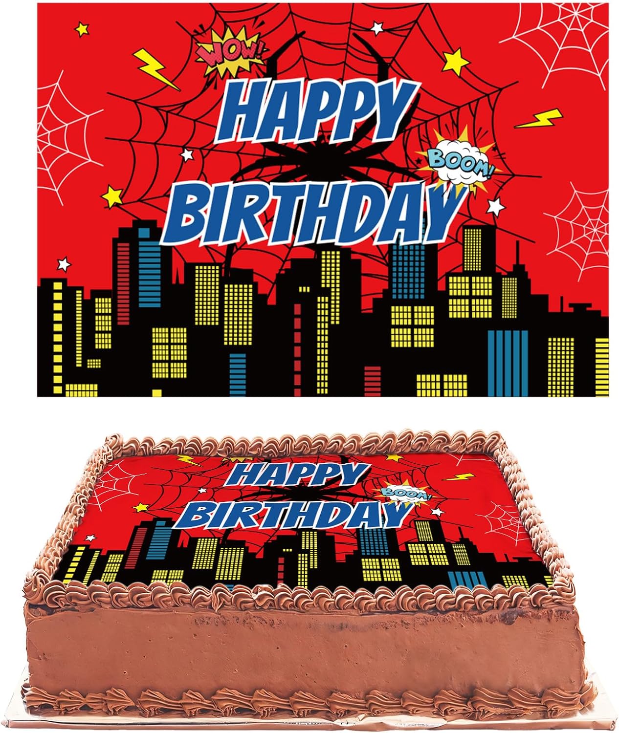 Edible Square Image Cake Toppers, 28x19.4cm/11x7.6in Spider Happy Birthday Cake Decoration Red Cartoon City Edible Wafer Paper Spider Web Cakes Decor for Kids Boys Girls Birthday Theme Party