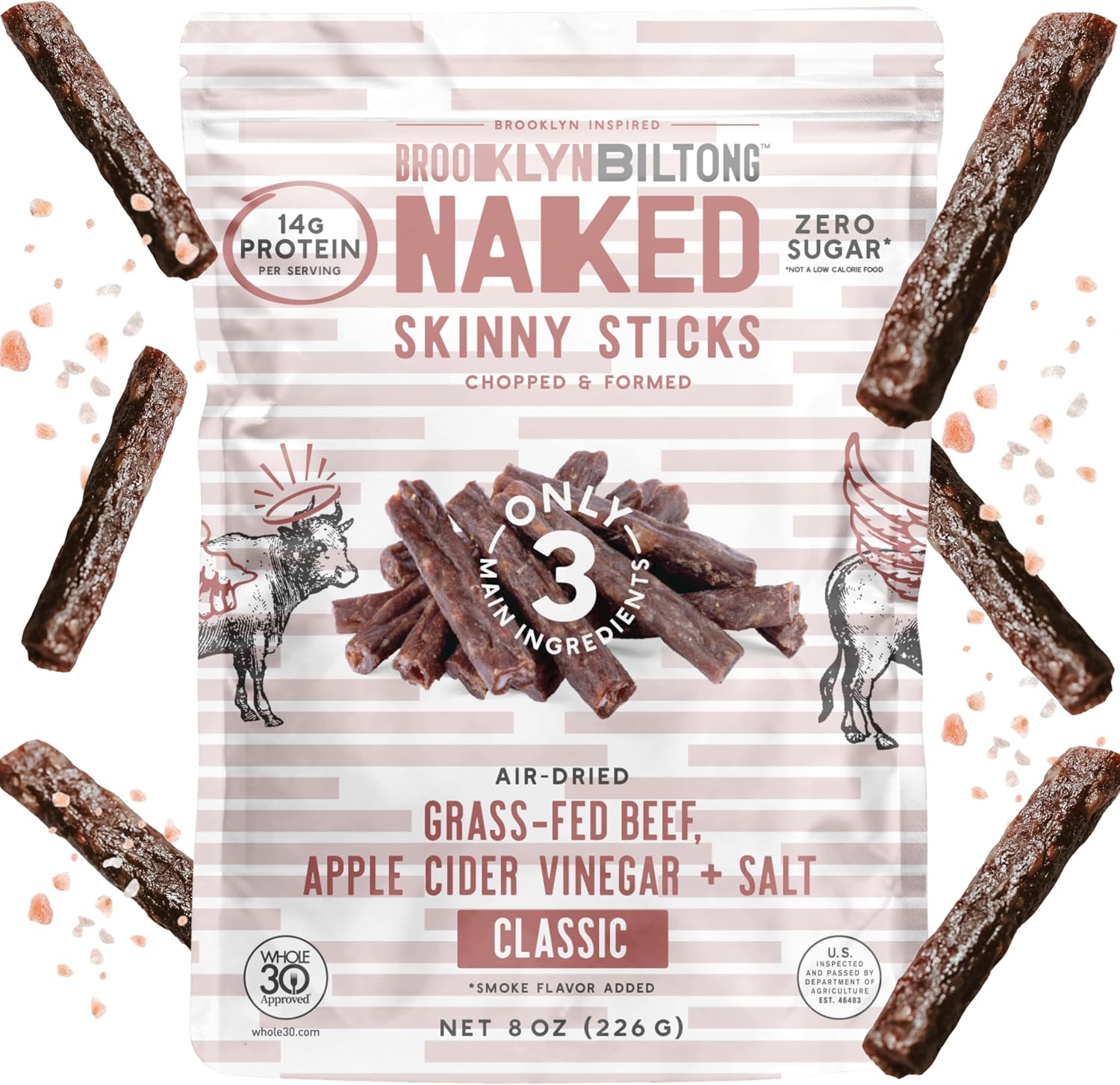 Brooklyn Biltong Naked Skinny Sticks (Naked 8 oz, Pack of 1) - Grass-Fed Biltong Beef Jerky Meat Stick - 14g High Protein Snacks - Premium Air Dried, Paleo, Keto, Gluten Free, Sugar Free - Made in USA