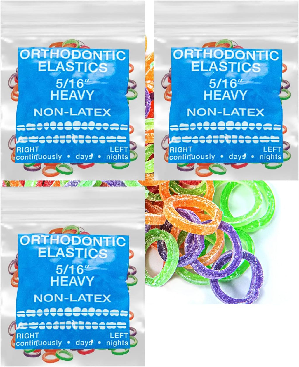 Neon non-Latex 3 Packs 300 counts 5/16inch Heavy Intraoral Elastic Bands Orthodontic Elastics Dental Rubber Bands Made in US (Heavy [6.5oz], 5/16inch, 7.9mm)