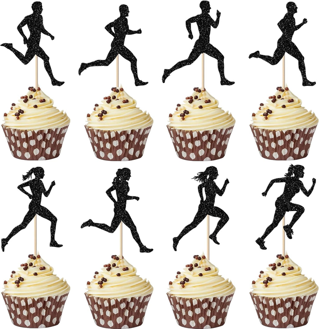 Rsstarxi 24 Pack Running Cupcake Toppers Black Glitter Sports Fitness Cupcake Picks Decorations for Sports Theme Running Baby Shower Boys Girls Birthday Party Cake Decorations
