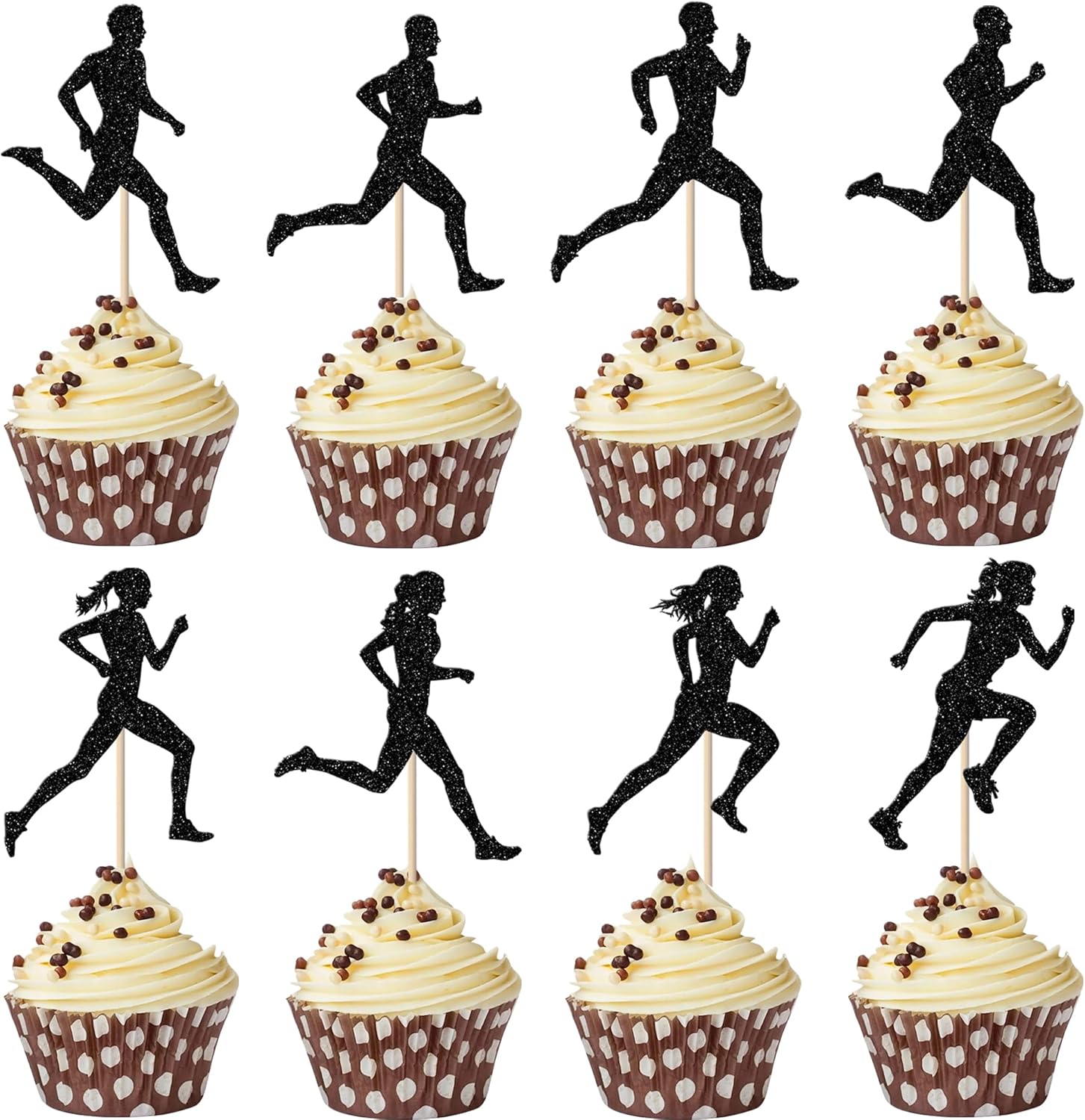 Rsstarxi 24 Pack Running Cupcake Toppers Black Glitter Sports Fitness Cupcake Picks Decorations for Sports Theme Running Baby Shower Boys Girls Birthday Party Cake Decorations