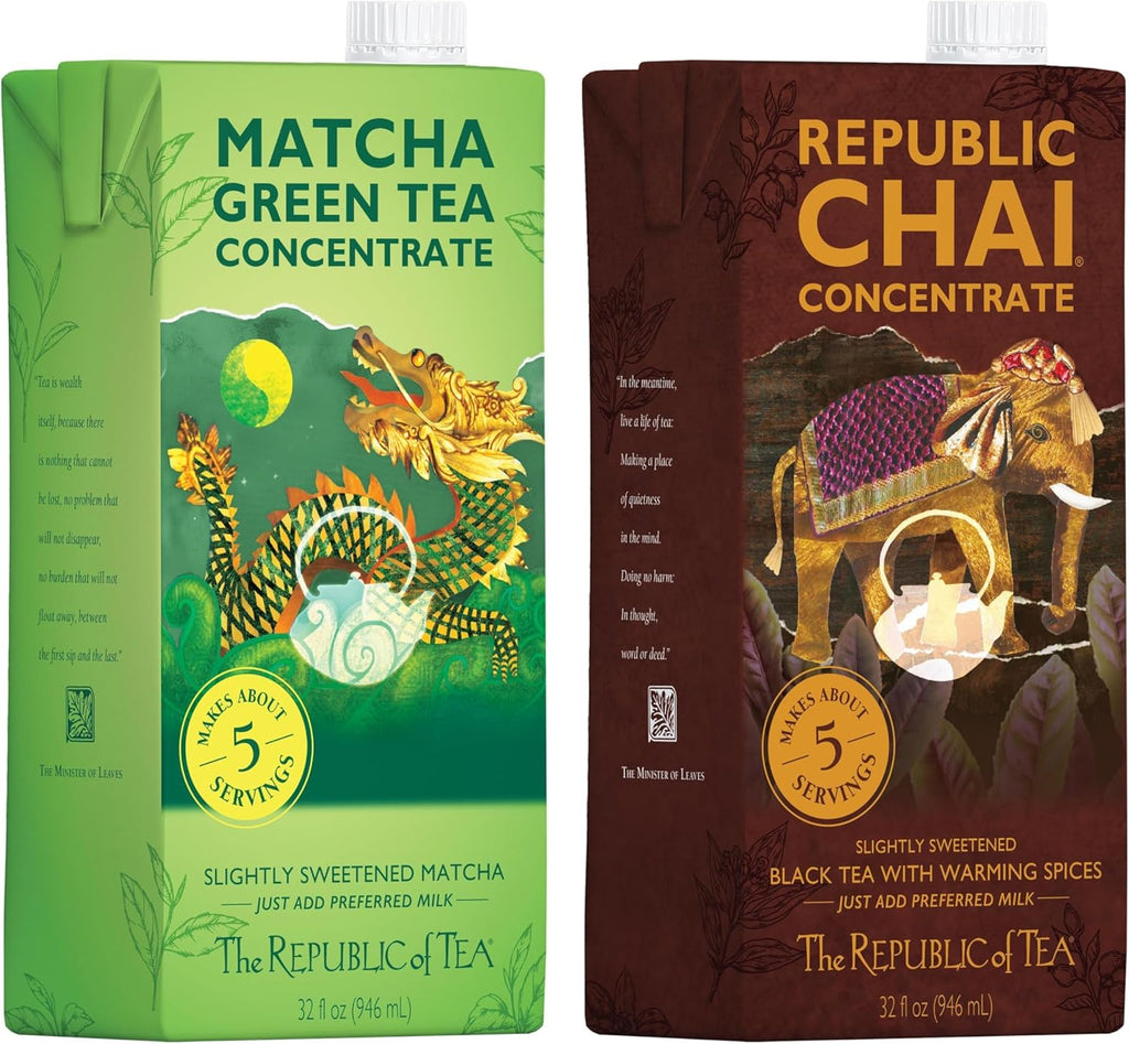 The Republic of Tea – Matcha Green Tea & Republic Chai Black Tea Concentrate Variety Pack, 2 Cartons – 32 fl oz (5 Servings Each), Latte Mix Sampler, Naturally Caffeinated, Gluten Free