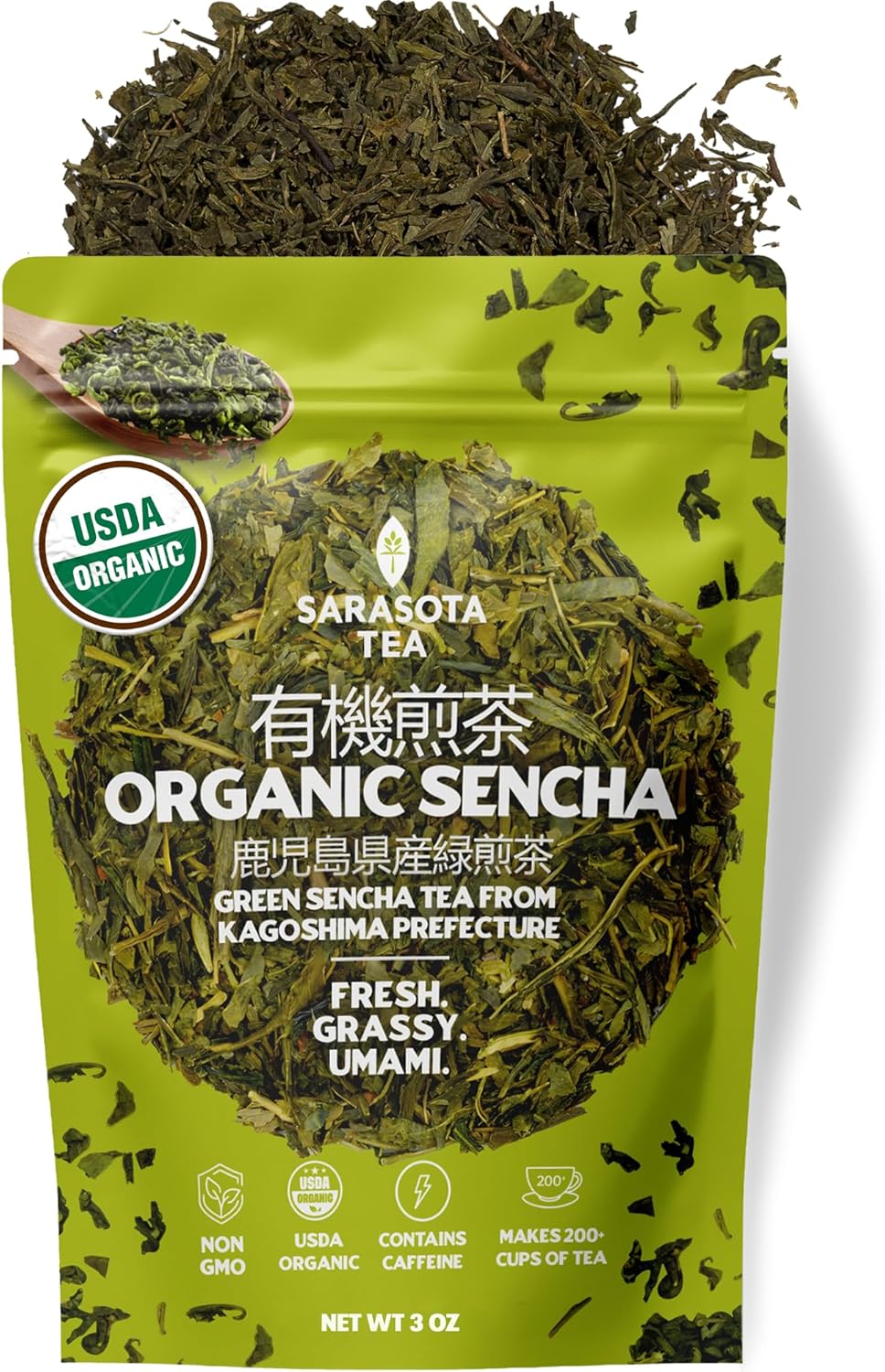 Organic Japanese Sencha Green Tea Loose Leaf | Premium Green Tea from Kagoshima Prefecture | 100% USDA Organic | Fresh & Grassy Flavor | 3oz Bag | High Antioxidants | Non-GMO