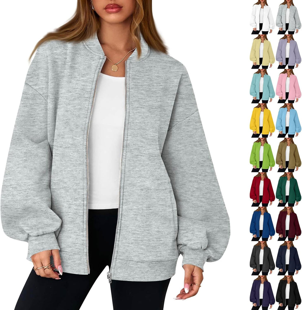 Oversized Zip Up Sweatshirt Women Fleece Zip Up Bomber Jacket Casual Athletic Workout Y2k Sweat Jackets with Pockets