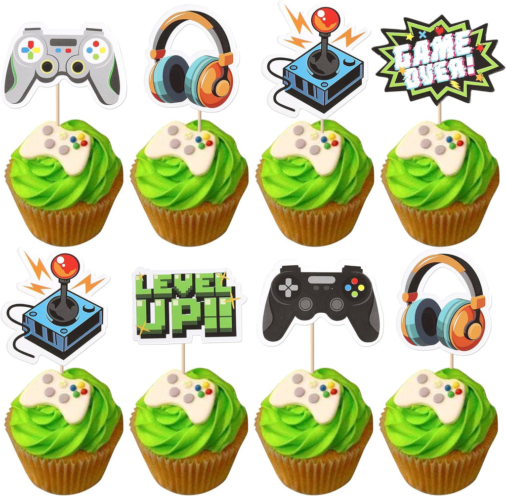 Rsstarxi 36 Pack Video Game Theme Cupcake Toppers Controllers Game On Level Up GamePad Cupcake Picks Decorations for Game Theme Baby Shower Kids Boys Gaming Birthday Party Cake Decorations