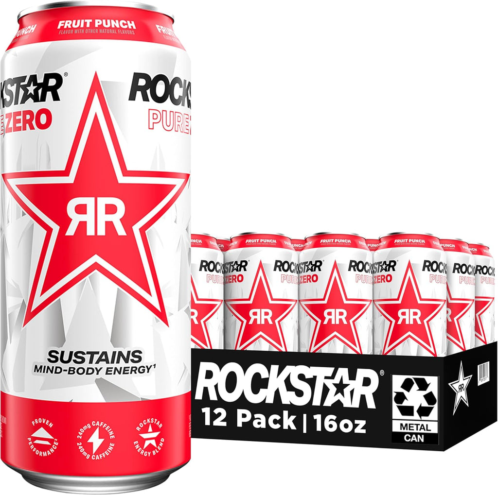 Rockstar Pure Zero Energy Drink, Fruit Punch, 0 Sugar, with Caffeine and Taurine, 16oz Cans (12 Pack) (Packaging May Vary)