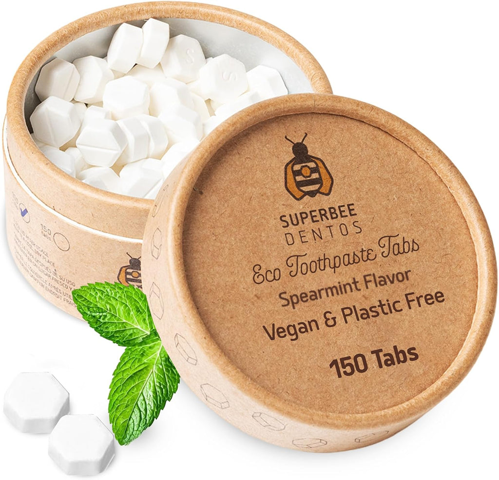 SuperBee Dentos Toothpaste Tablets, 150 Tabs, Fluoride Free & Eco Friendly, Travel Mouthwash Tablets, Sensitive Tooth Cream Bites for Kids and Adults, Chewable Tablet, Spearmint