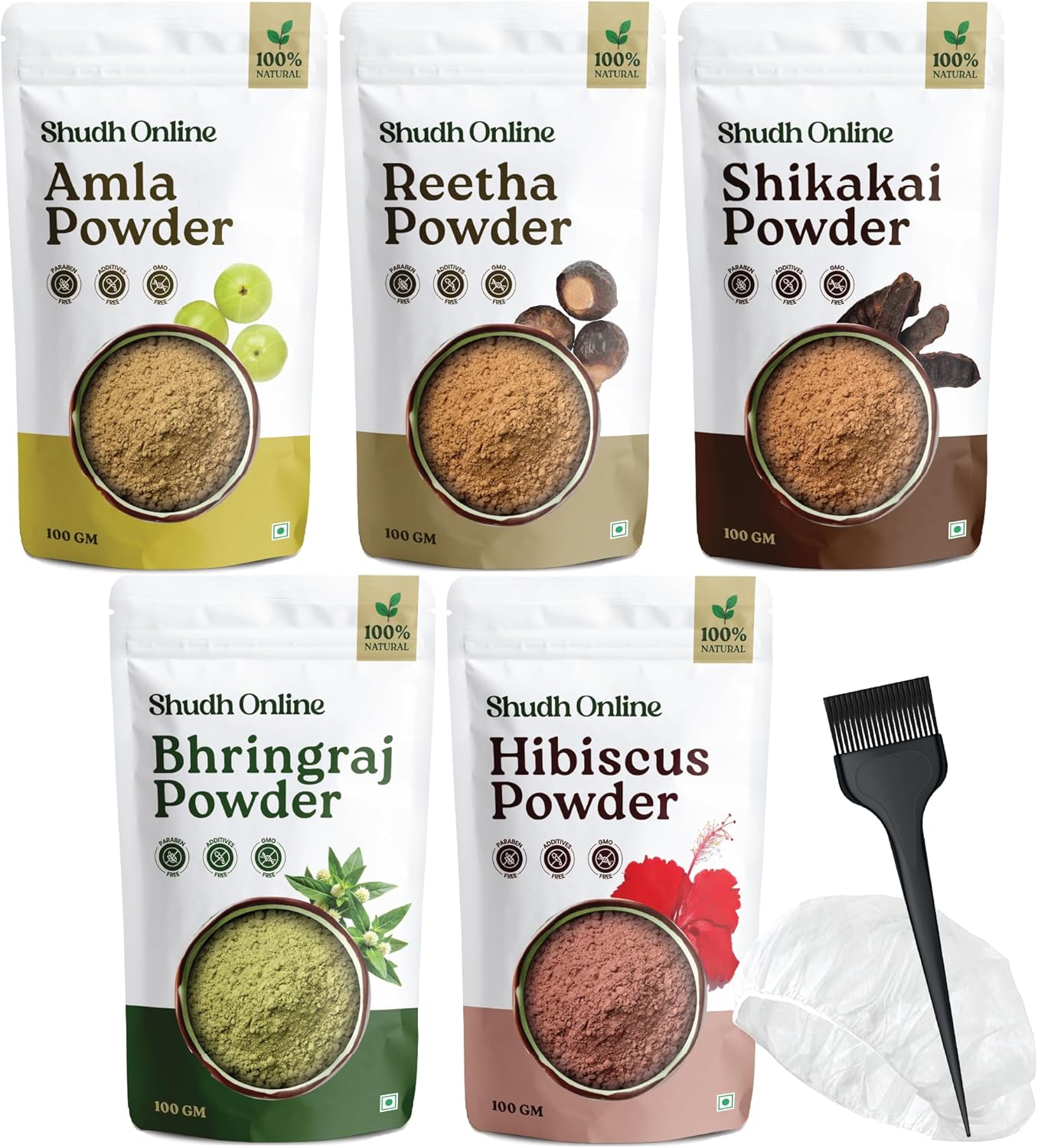 Herbal Hair Mask Powder Combo, Indian Ayurvedic Herbal Powder for Hair Growth (1.1 lb, 500g), Bhringraj, Hibiscus, Shikakai, Reetha, Amla Shampoo (3.5 oz each)