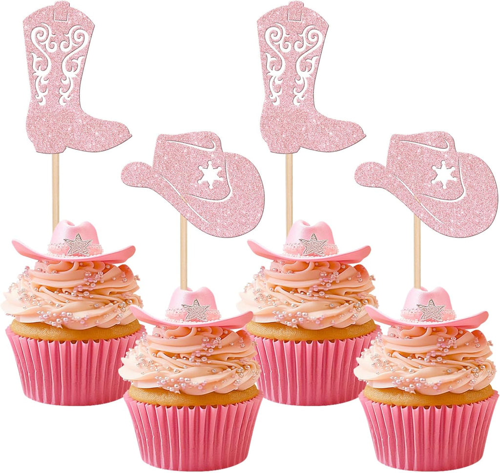 24 PCS Cowboy Cupcake Toppers Glitter Cowgirl Hats Boots Cupcake Picks Western Party Decorations for Boys Girls Western Theme Baby Shower Birthday Party Cake Decorations Supplies Light Pink