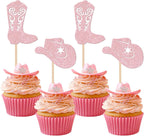 24 PCS Cowboy Cupcake Toppers Glitter Cowgirl Hats Boots Cupcake Picks Western Party Decorations for Boys Girls Western Theme Baby Shower Birthday Party Cake Decorations Supplies Light Pink