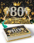 Black And Gold Balloons Crown Champagne Glitter 80 Edible Cake Image Topper Birthday Cake Banner 1/4 Sheet
