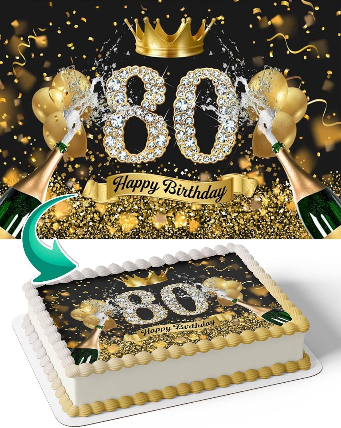 Black And Gold Balloons Crown Champagne Glitter 80 Edible Cake Image Topper Birthday Cake Banner 1/4 Sheet