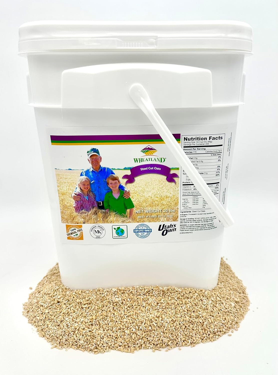 Wheatland Steel Cut Oats, 20lb Bucket, Lab Tested Chemical Free, 4 Gallon HDPE Bucket with Mylar Liner & Oxygen Absorber, 15 Year Shelf Life, USA Grown, NON GMO, Kosher, Farm Fresh Flavor, 40 Year Legacy in Food Storage