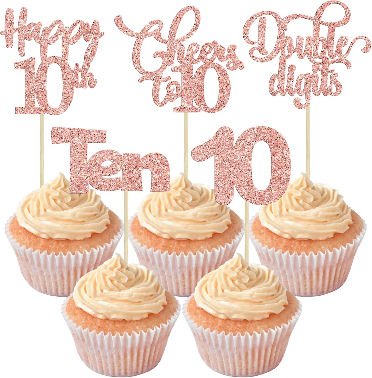 30 Pack Happy 10th Birthday Cupcake Toppers - Glitter Double Digits Cheers to 10 Years Old Cupcake Picks for Anniversary Party Cake Decorations - Rose Gold
