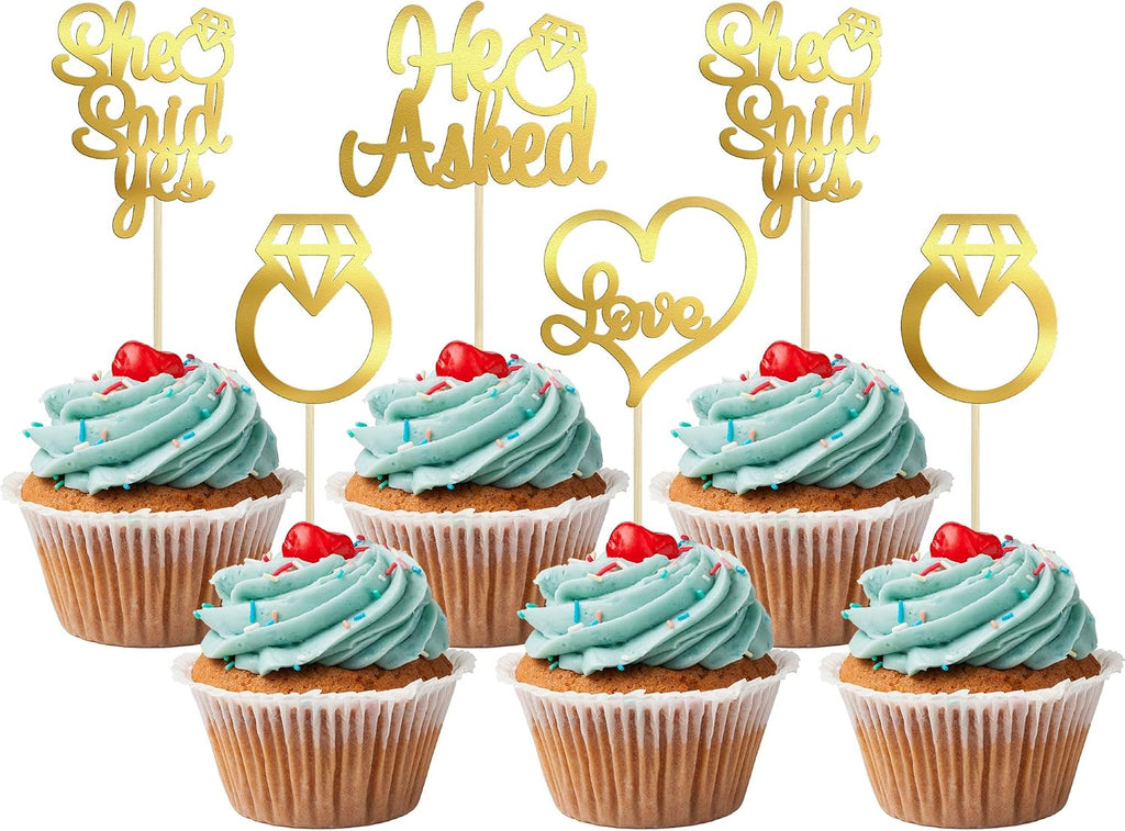 Gyufise 24 Pack Light Gold Glitter He Asked She Said Yes Cupcake Toppers Diamond Ring Heart Love Cake Picks for Wedding Engagement Party Cake Decorations