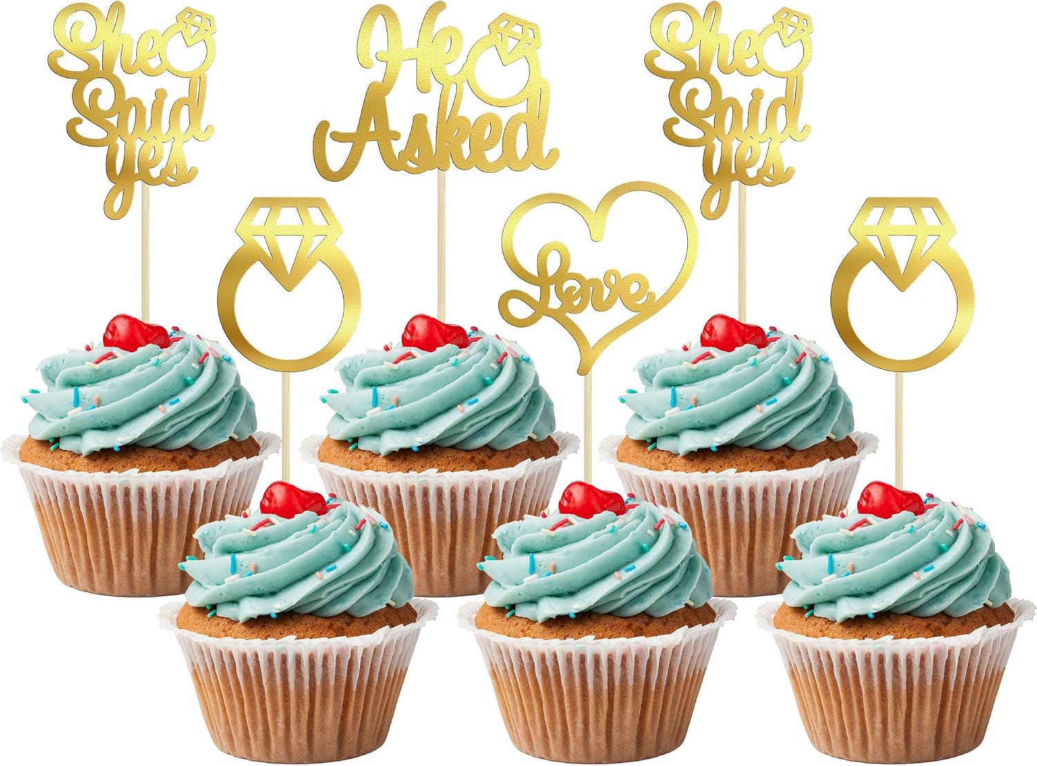 Gyufise 24 Pack Light Gold Glitter He Asked She Said Yes Cupcake Toppers Diamond Ring Heart Love Cake Picks for Wedding Engagement Party Cake Decorations