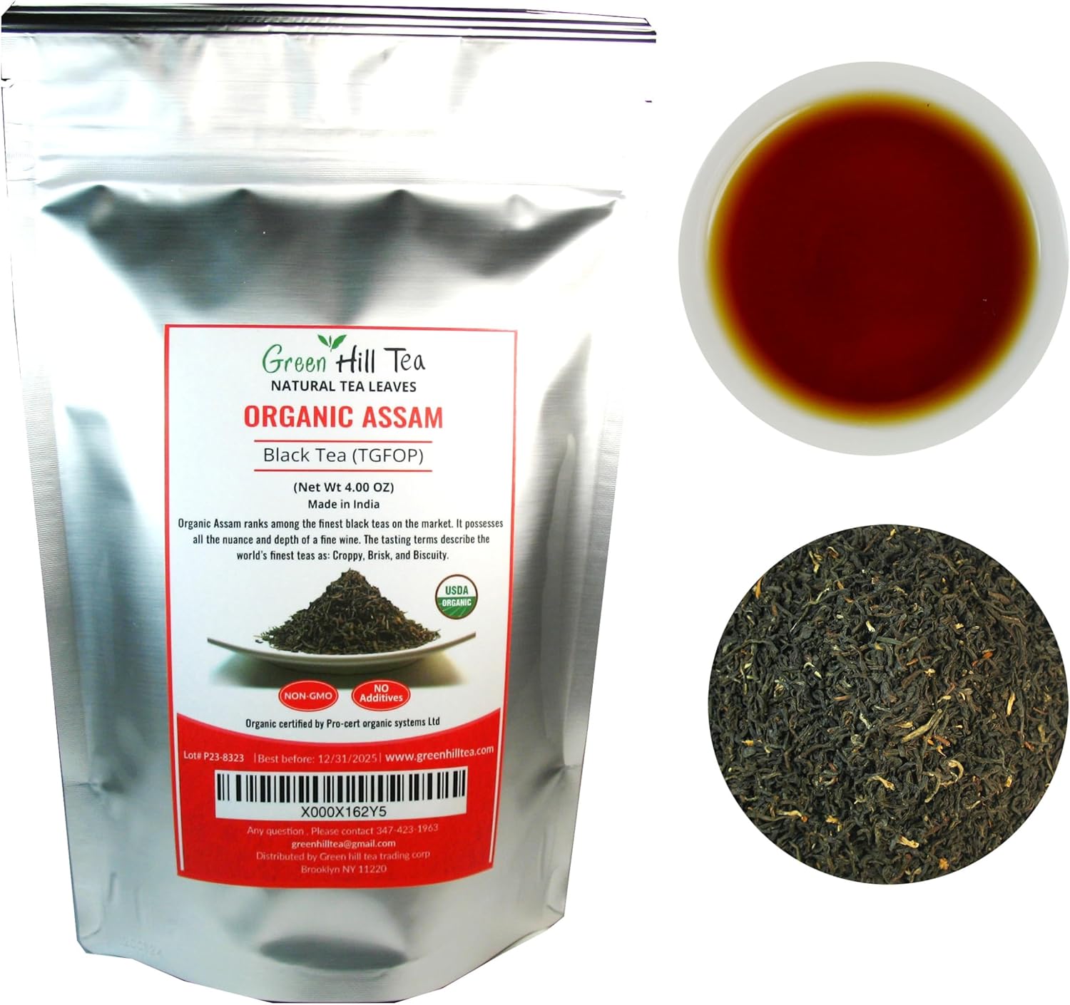 Greenhilltea, Organic Assam (TGFOP) Black teaWith Tippy and Flowery premium loose leaves tea packed in resealable zip lock foil bag 4 OZ