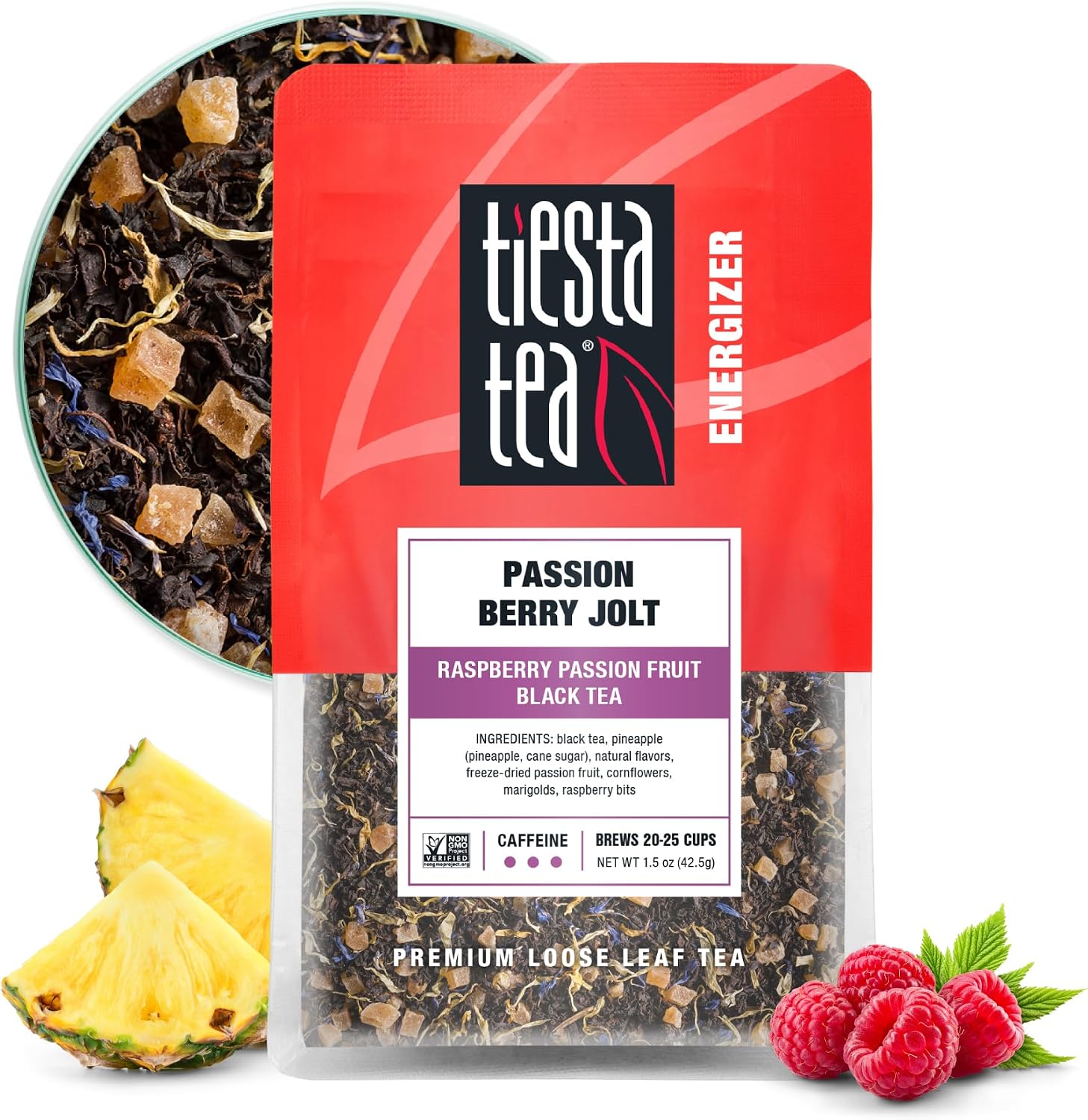 Tiesta Tea Passion Berry Jolt, Premium Loose Leaf, Classic Black Tea Blends, Raspberry Passion Fruit Black Tea, High-Caffeine, Hot or Iced Brews Up to 25 Cups, 1.5 Ounce Resealable Pouch