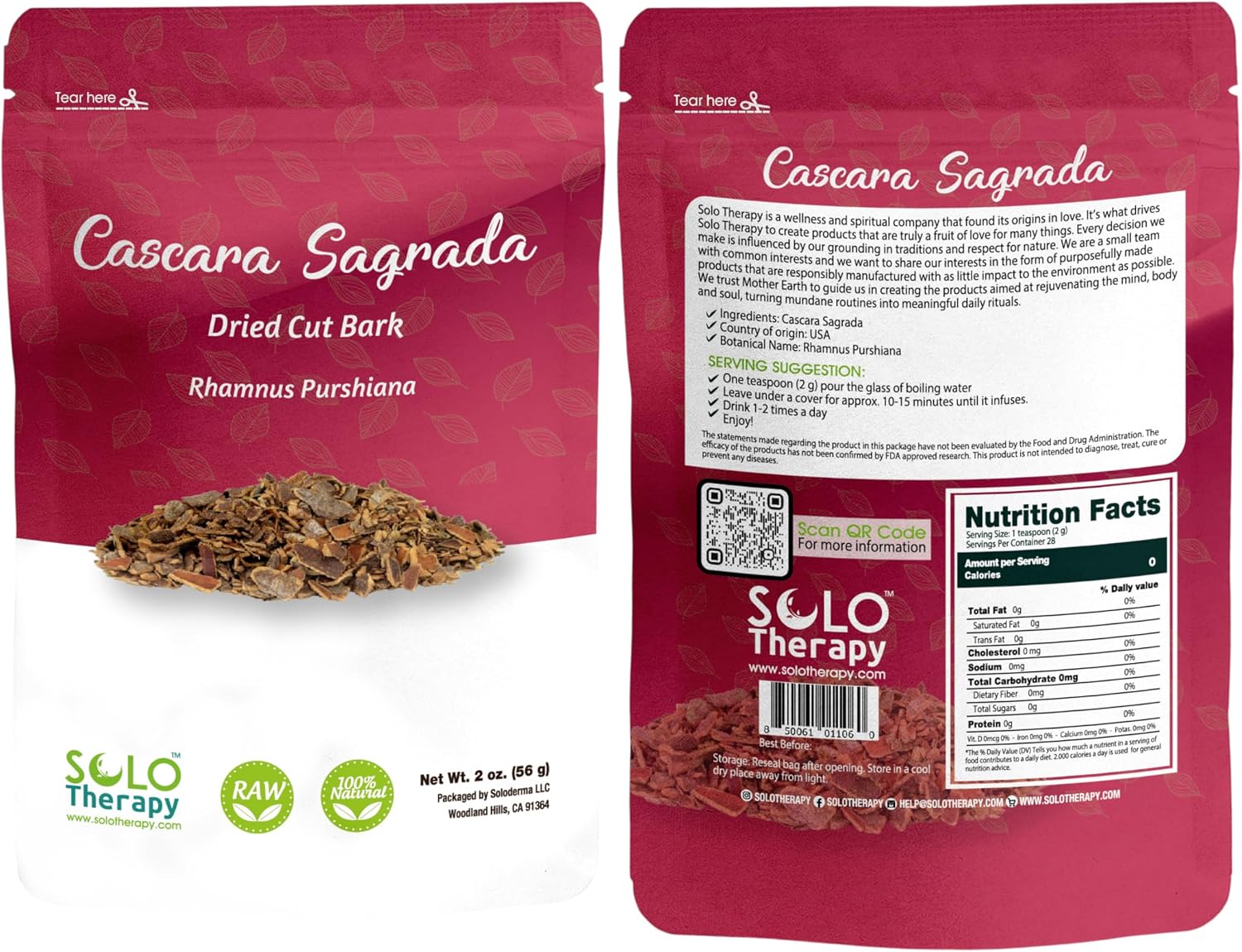 Cascara Sagrada Bark Herbal Tea - Cut and sifted - Rhamnus purshiana Resealable Bag - 56 grams - Premium Quality (Cascara Sagrada Bark)