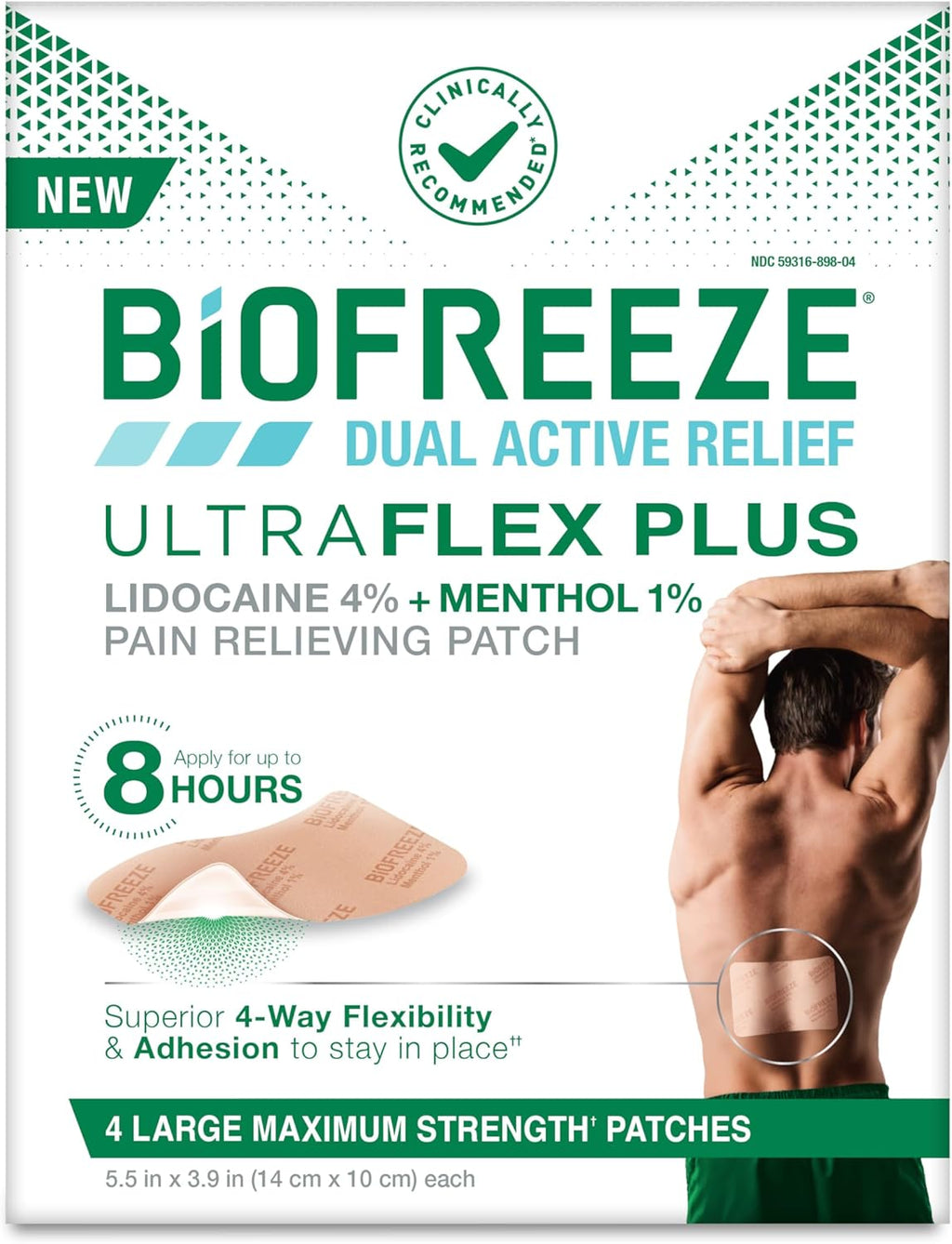Biofreeze Ultraflex Plus Maximum Strength 4% Lidocaine Patches with Menthol, Flexible Pain Relief Patch for Lower Back, Lidocaine Patch for Neck, Knee, Shoulder, 4 Large Pain Patches