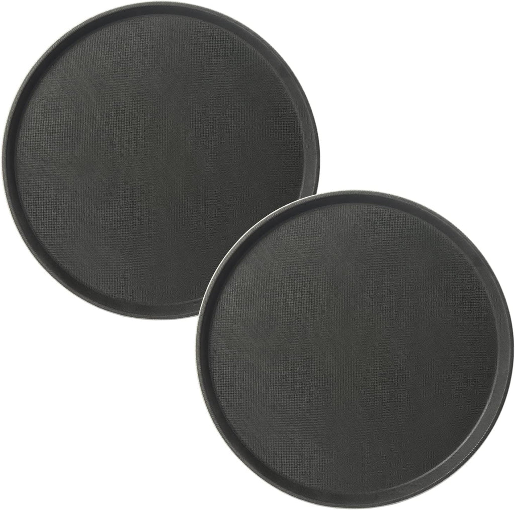 CURTA 2-Pack Restaurant Grade Non-Slip Tray, NSF, 14 Inch, Plastic Rubber Lined Round Serving Tray, Black