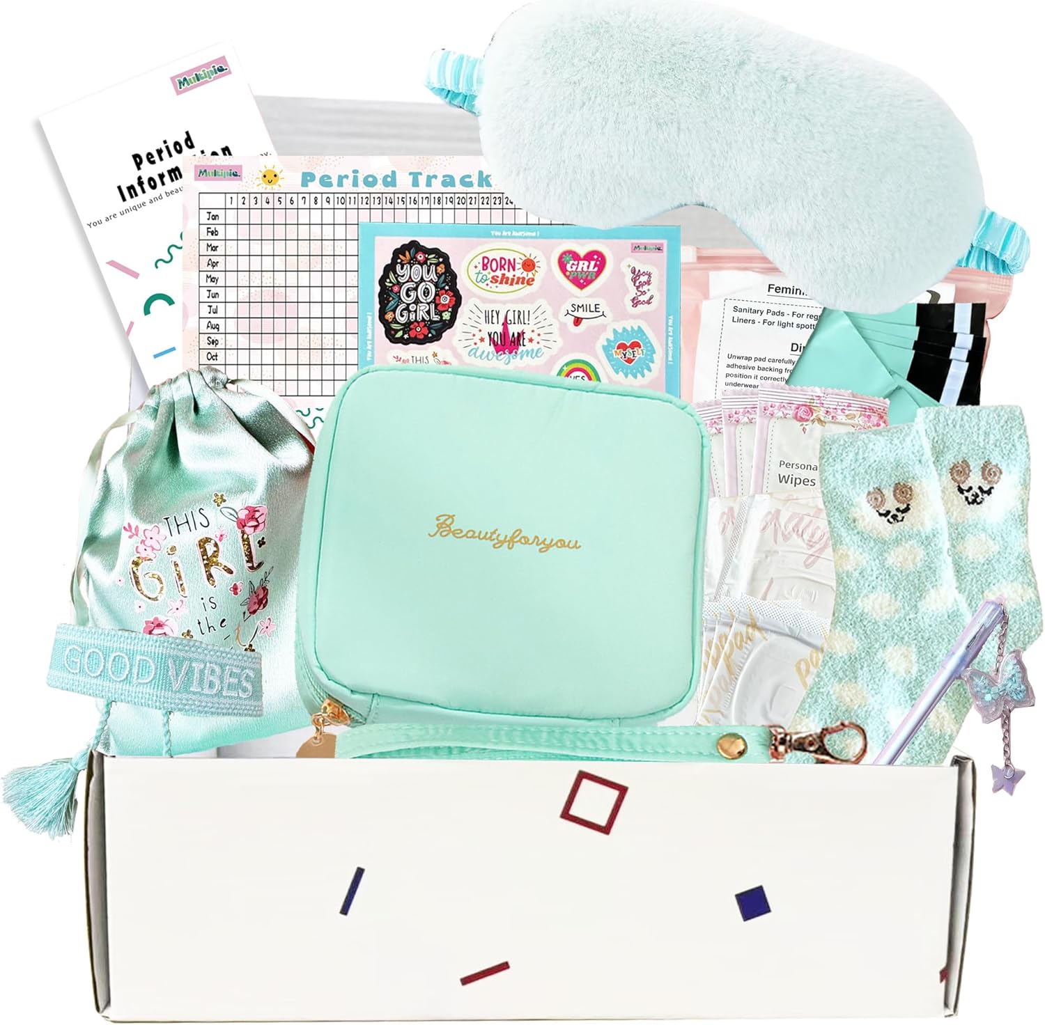 First Period kit for Girls | 22 PC Period Packs for Young Girls First Time | First Period Gift for Teen Girls with Sanitary Pad Storage Bag, Wipes, Bracelet, Eye Mask, Socks and More(Mint)