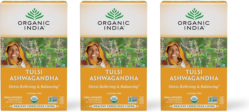 ORGANIC INDIA Calming Tulsi Ashwagandha Herbal Tea - Holy Basil Tea with Ashwagandha Root, Supports Restful Sleep - Adaptogen, Vegan, USDA Certified Organic, Non-GMO - 18 Infusion Bags, 3 Pack