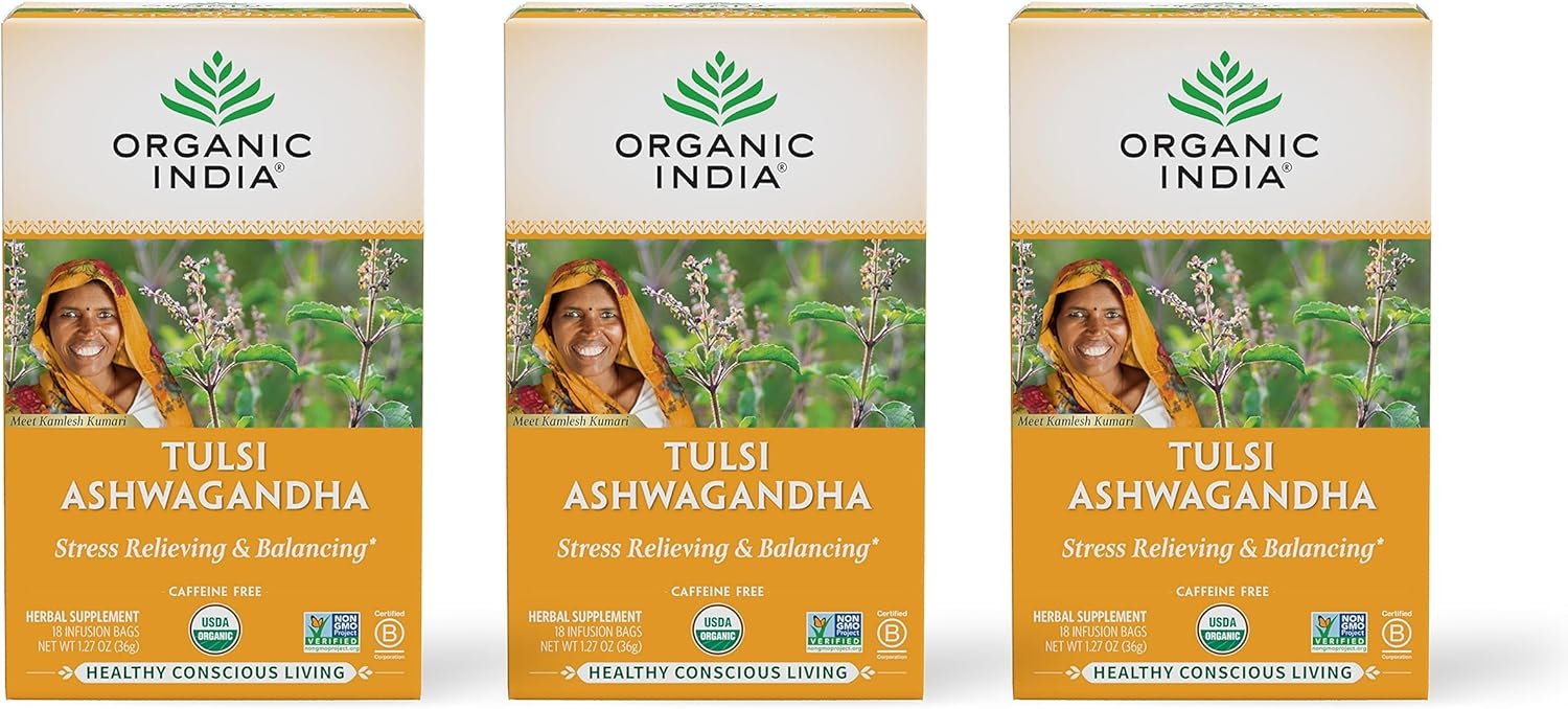 ORGANIC INDIA Calming Tulsi Ashwagandha Herbal Tea - Holy Basil Tea with Ashwagandha Root, Supports Restful Sleep - Adaptogen, Vegan, USDA Certified Organic, Non-GMO - 18 Infusion Bags, 3 Pack