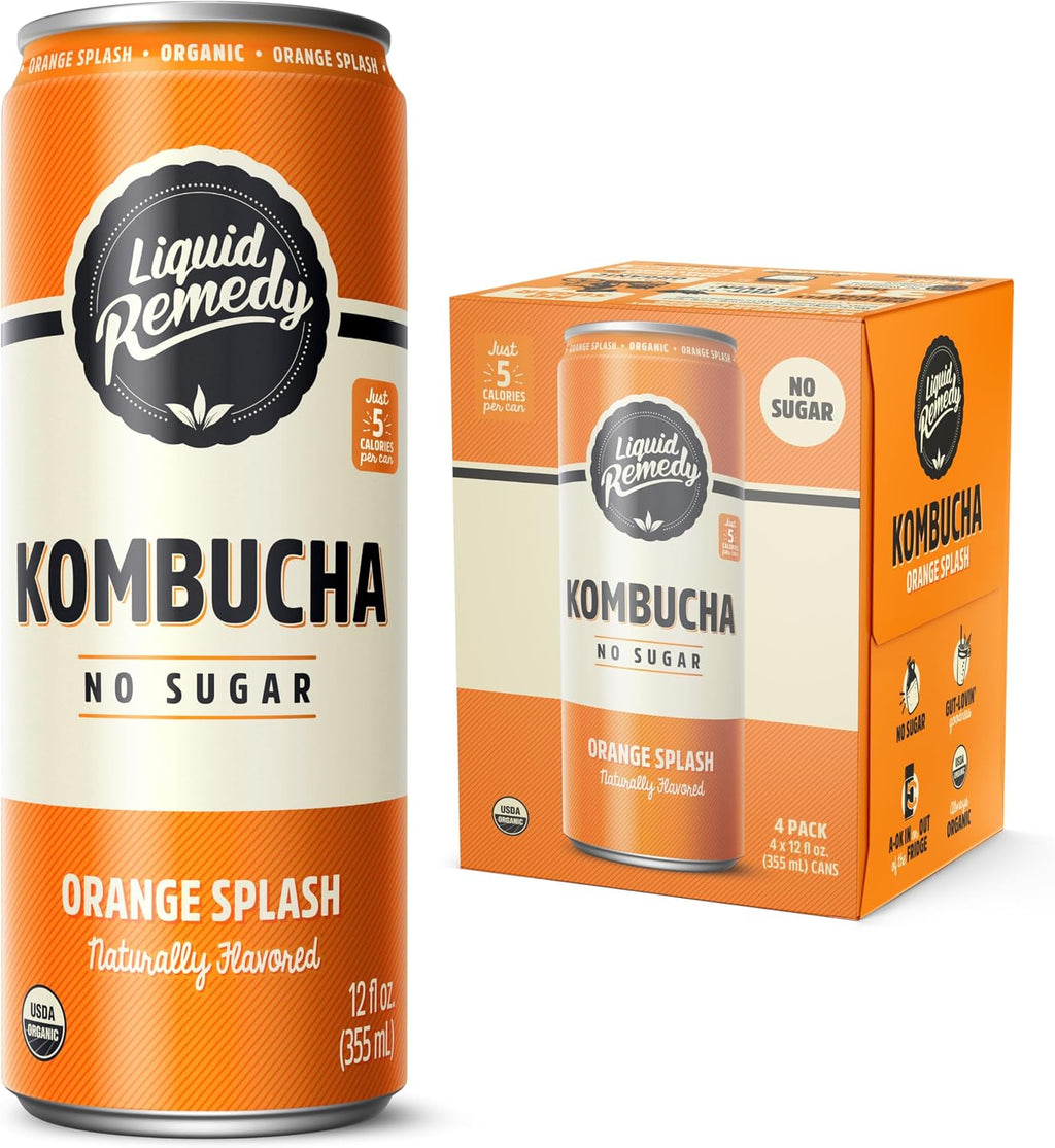Liquid Remedy Kombucha Sugar Free Organic Drink, Low Calorie, Probiotic Like Tea for Gut Health - Orange Splash - 12 Fl Oz Can, 4-Pack
