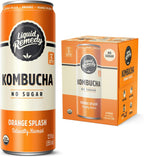 Liquid Remedy Kombucha Sugar Free Organic Drink, Low Calorie, Probiotic Like Tea for Gut Health - Orange Splash - 12 Fl Oz Can, 4-Pack