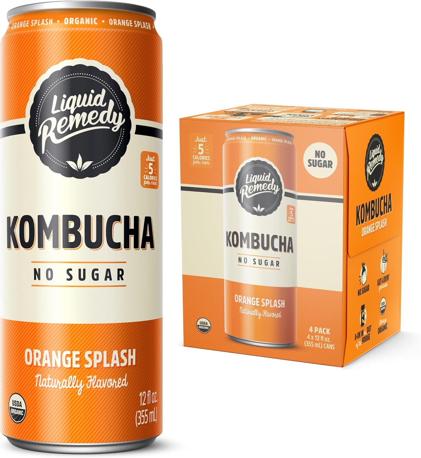 Liquid Remedy Kombucha Sugar Free Organic Drink, Low Calorie, Probiotic Like Tea for Gut Health - Orange Splash - 12 Fl Oz Can, 4-Pack