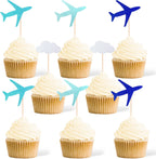 Gexolenu 24 Pcs Blue Airplane Cupcakes Toppers Glitter Double-Sided Cloud Plane Cupcake Picks For Baby Shower Decorations Wedding Anniversary Kids Birthday Party Supplies