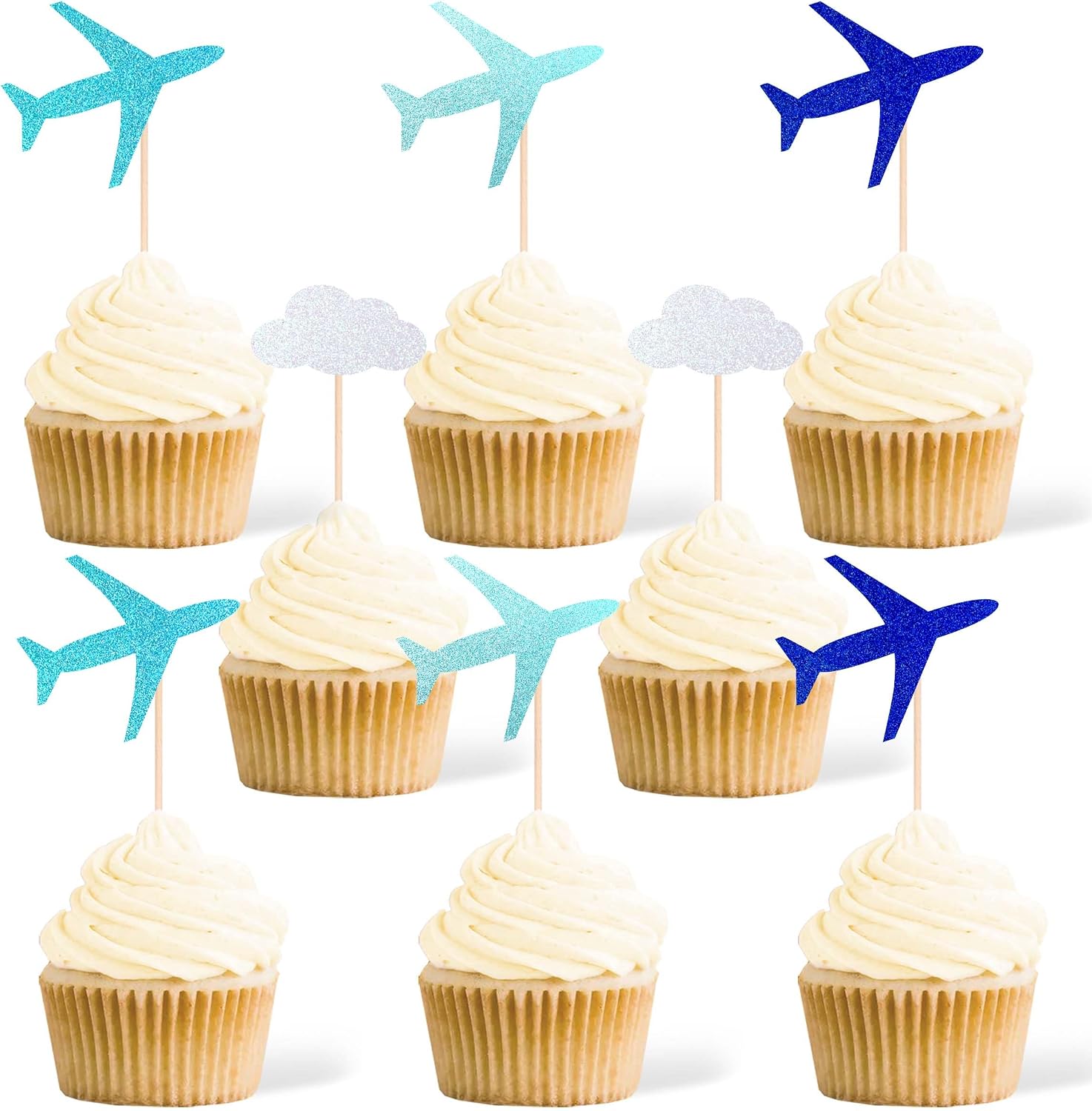 Gexolenu 24 Pcs Blue Airplane Cupcakes Toppers Glitter Double-Sided Cloud Plane Cupcake Picks For Baby Shower Decorations Wedding Anniversary Kids Birthday Party Supplies