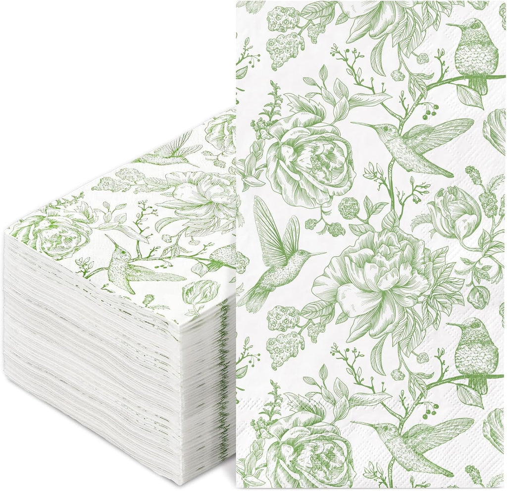 80Pcs Green Floral Birds Paper Guest Napkins Flower Bathroom Napkins Vintage Disposable Hand Towel Napkin for Home Holiday Party Supplies