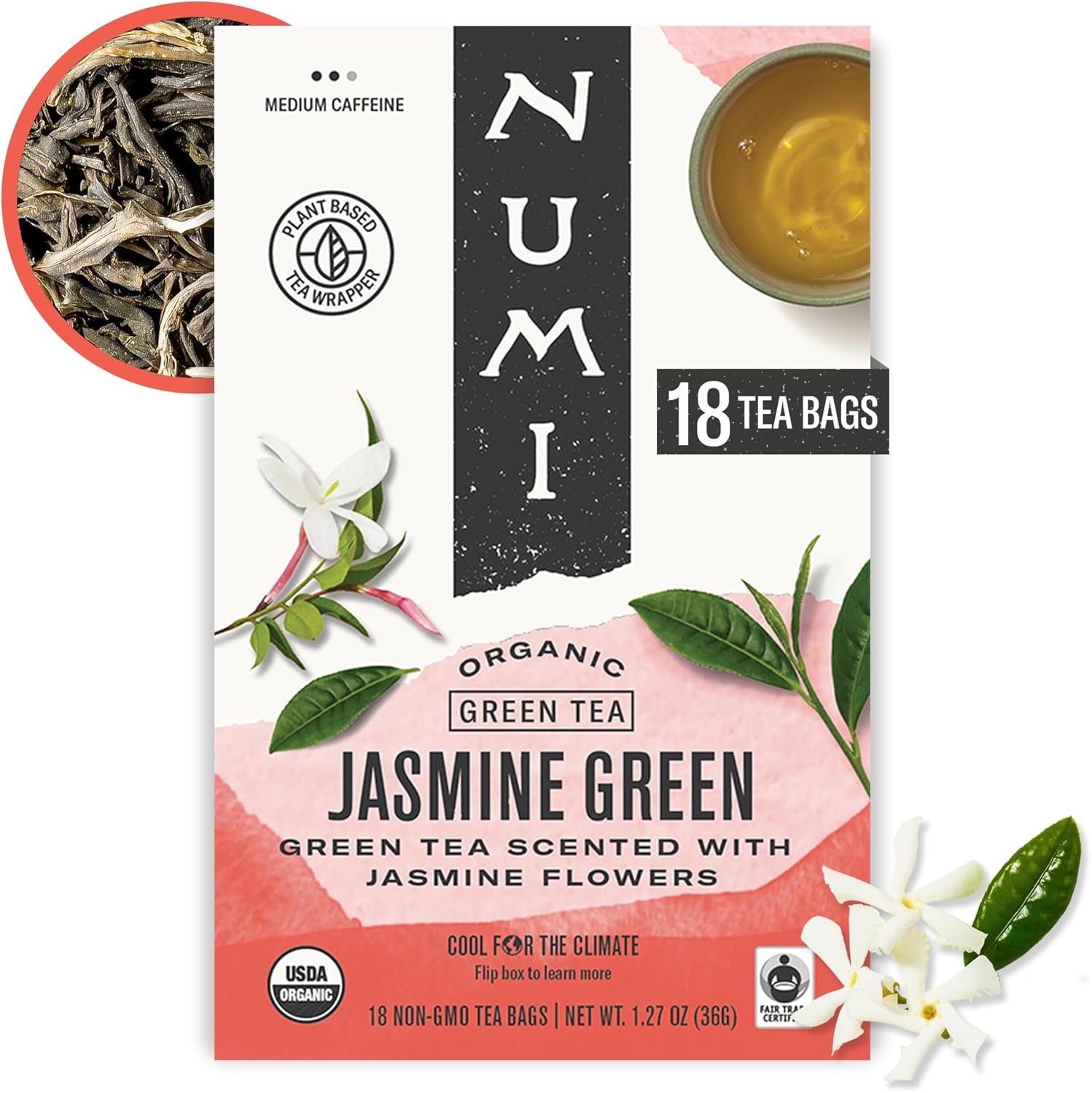 Numi Organic Green Tea with Jasmine, 18 Microplastic-Free Tea Bags