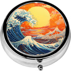 Pill Box, 3 Compartments Small Pill Case Travel Portable Metal Medicine Box with Mirror Mini Container for Purse Pocket Women Men(Great Wave Sunset)