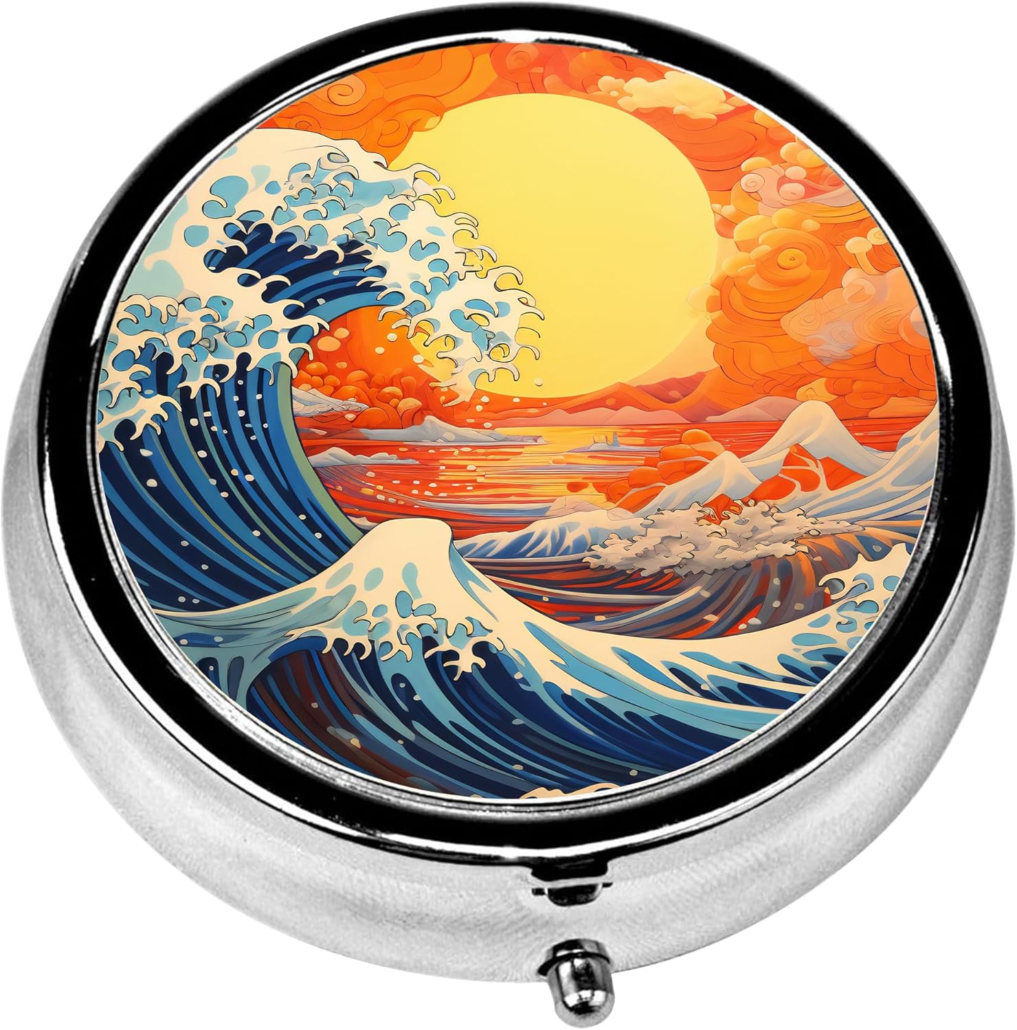 Pill Box, 3 Compartments Small Pill Case Travel Portable Metal Medicine Box with Mirror Mini Container for Purse Pocket Women Men(Great Wave Sunset)