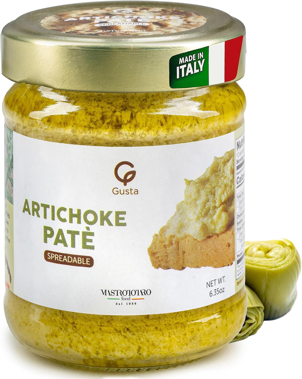 Gusta Artichokes Spreadable Pate - Made in Italy Dip or Spread - Paste of Artichoke in Jar with Extra Virgin Olive Oil - Non-GMO, All Natural - Perfect Snack - 6.35oz Glass Jar