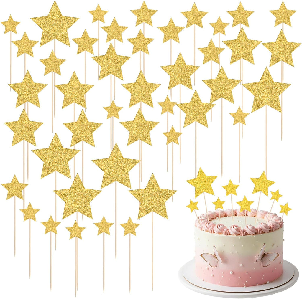 42 PCS Gold Star Cupcake Toppers, Glitter Twinkle Star Cake Picks, Wedding Engagement Baby Shower Birthday Party Cake Decorations Supplies, Mixed Size
