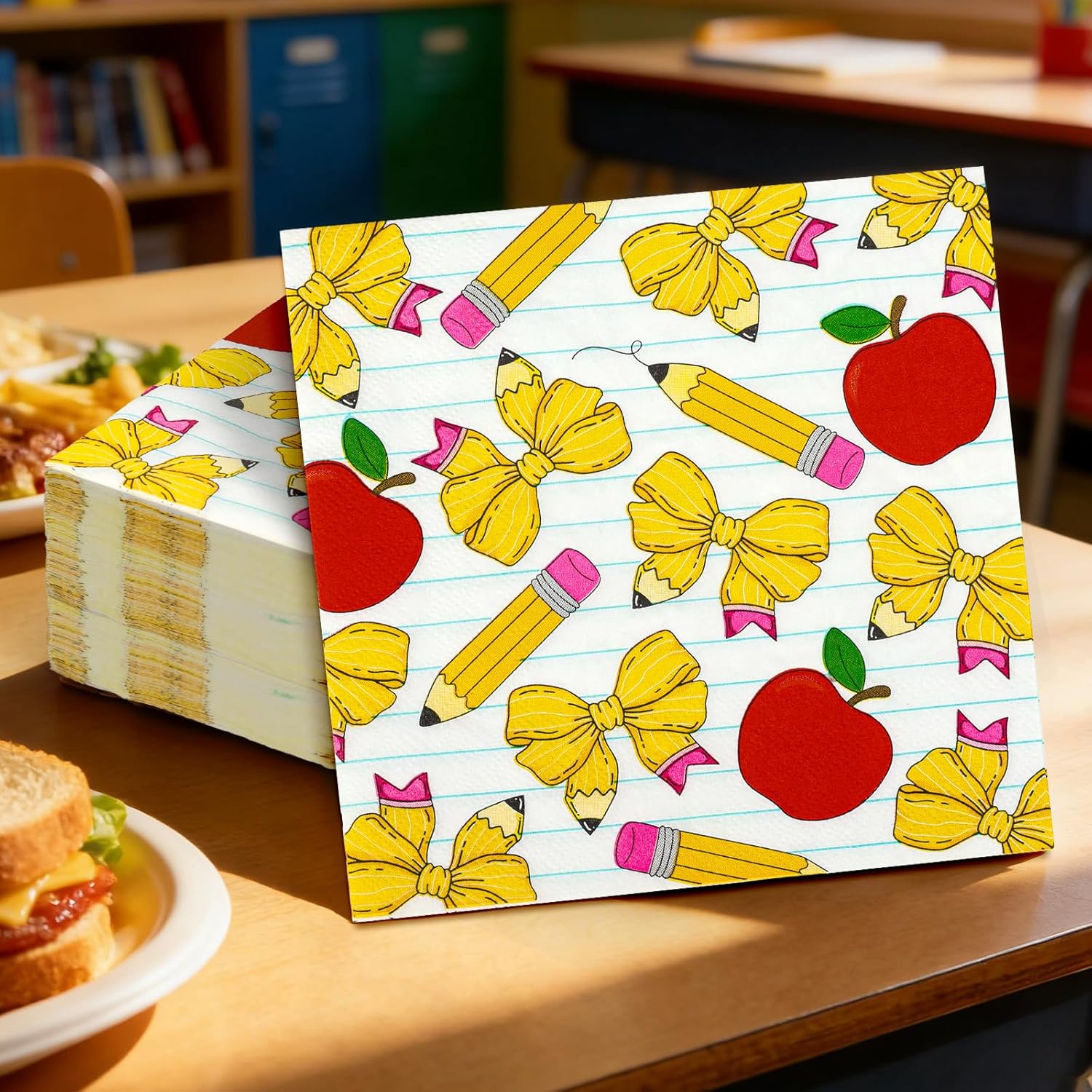 AnyDesign Back to School Paper Napkins Luncheon Napkins Pencil Bow Apples Notebook Disposable Dessert Dinner Hand Towels for First Day of School Party Supplies Table Decoration, 50 Pcs