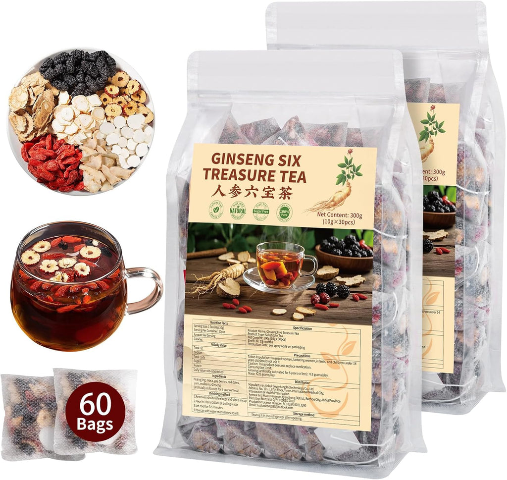 Kidney Tea Formula Ginseng Six Treasure Tea - Natural Chinese Traditional Herbal Ginseng Five Treasures Kidney Detox Cleanse Teabag For Men Women (60 Bags/2 Pack)