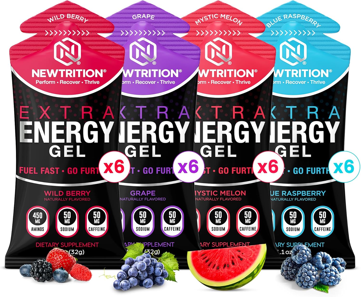 NewTrition® Extra Energy Gel Variety Pack - Fast Fuel with 50mg Caffeine, Amino Support, Smooth Texture, Electrolytes - Easy Digestion Running Gel for Cycling & Running