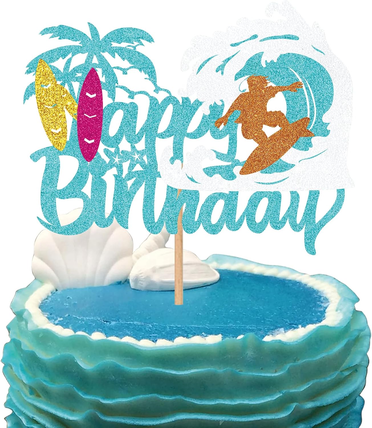 Surfing Cake Topper -surfboardcake topper Beach Party Decor for Surfer Birthdays, Summer Luau & Hawaii Theme Celebrations, Blue Glitter Surfboard Cake Decoration