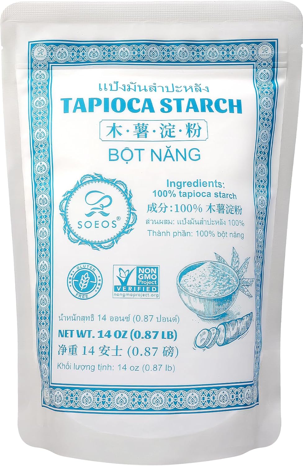 Soeos Tapioca Flour Starch, 14 Ounce, All Natural Tapioca Starch for Baking, Cooking & Boba Pearls, Thickens and Enhances Texture, Vegan, Gluten Free